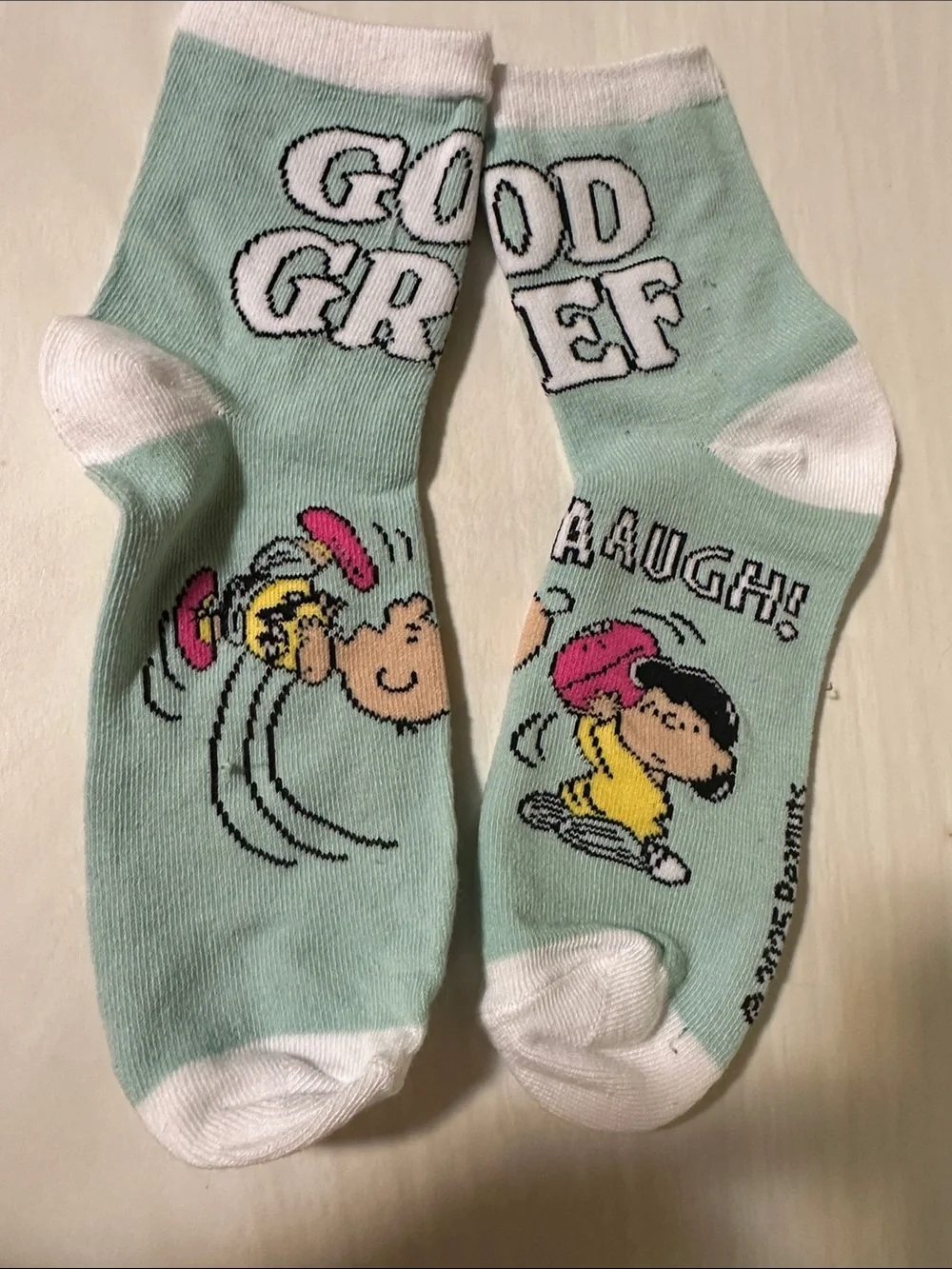 Peanuts Mint and White Lucy & Charlie Brown Cartoon Shortie Crew Socks
